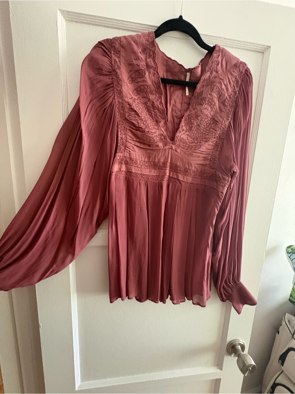 Free People Dusty Rose Lace-Trim Long-Sleeve Blouse